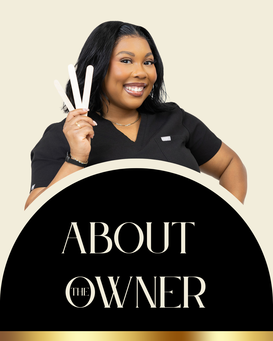 A Dix hills New York esthetician that specializes in Brazilian wax in black scrubs and black hair holding 3 unused wax sticks