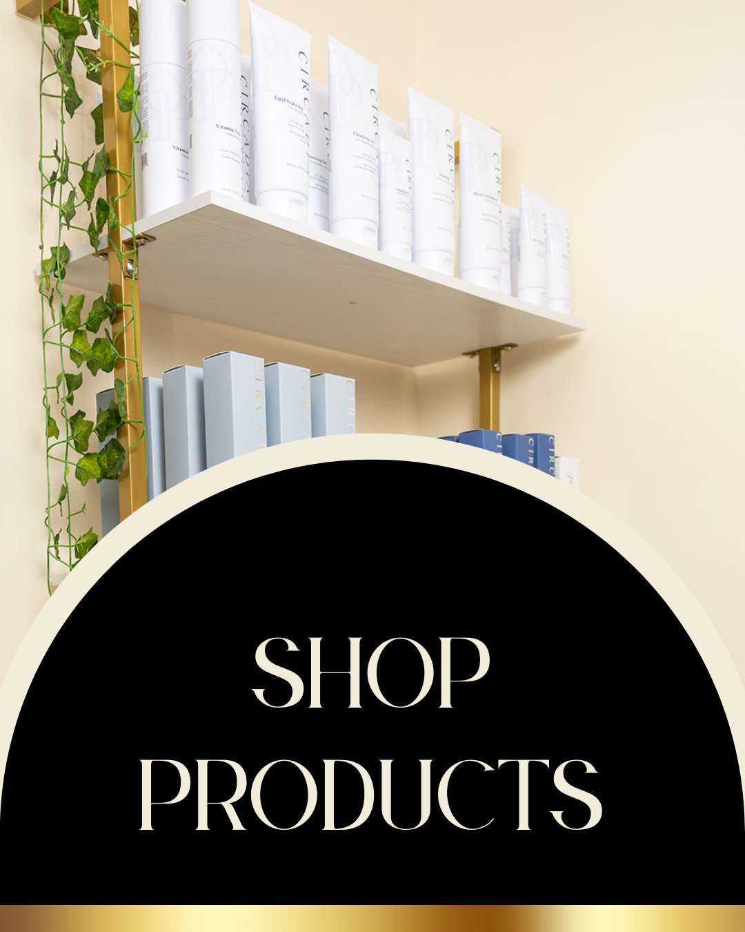 A promotional graphic with a large black semi-circle at the bottom containing the text 'SHOP PRODUCTS' in white serif letters, overlaid on a background photo of shelves holding white cosmetic tubes and boxes against a beige wall.
