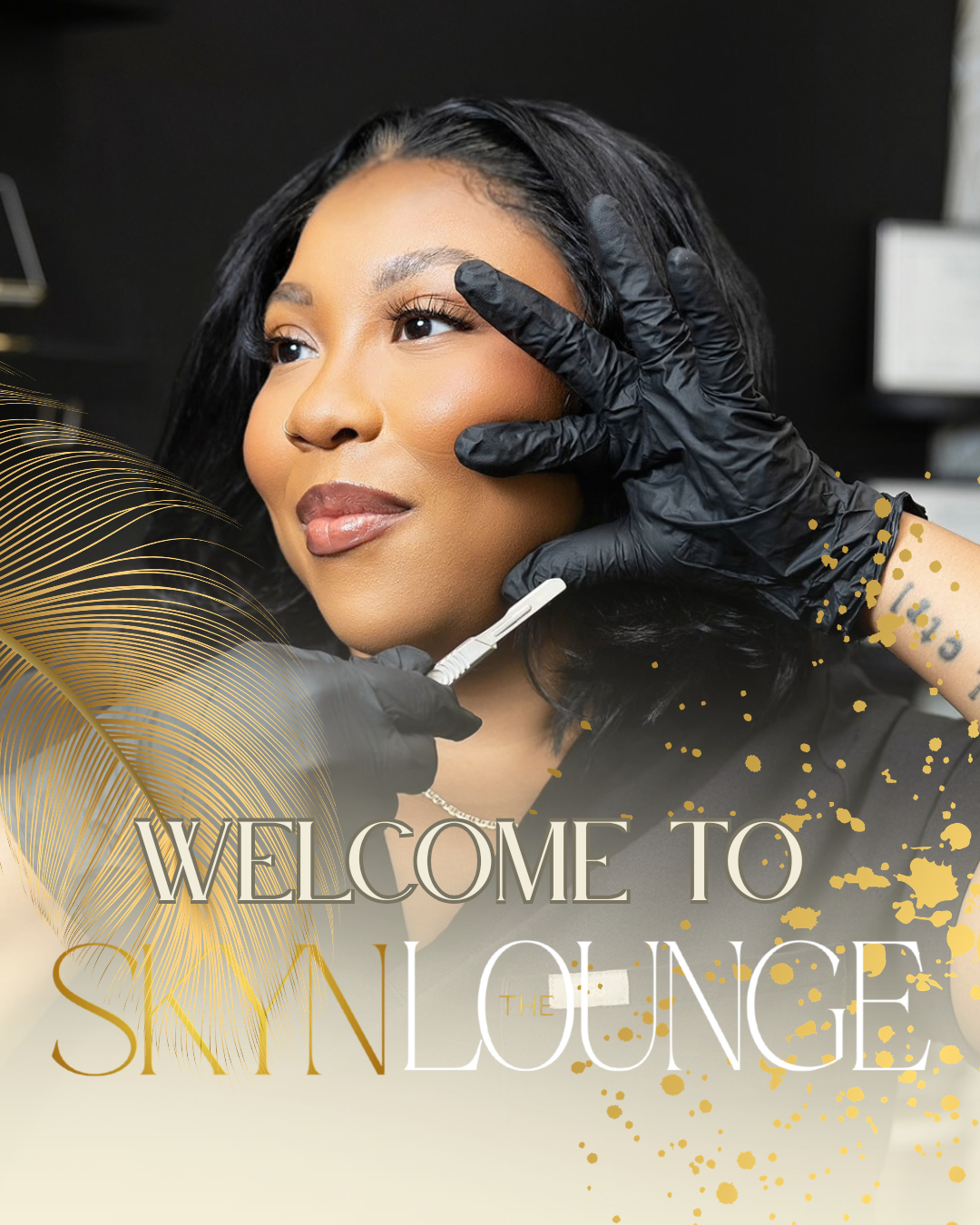 A Dix Hills, New York Esthetician with black hair wears black gloves while holding a Dermaplane blade near her face. Large overlaid text reads 'WELCOME TO SKYN LOUNGE' with gold and white lettering on a dark background. 